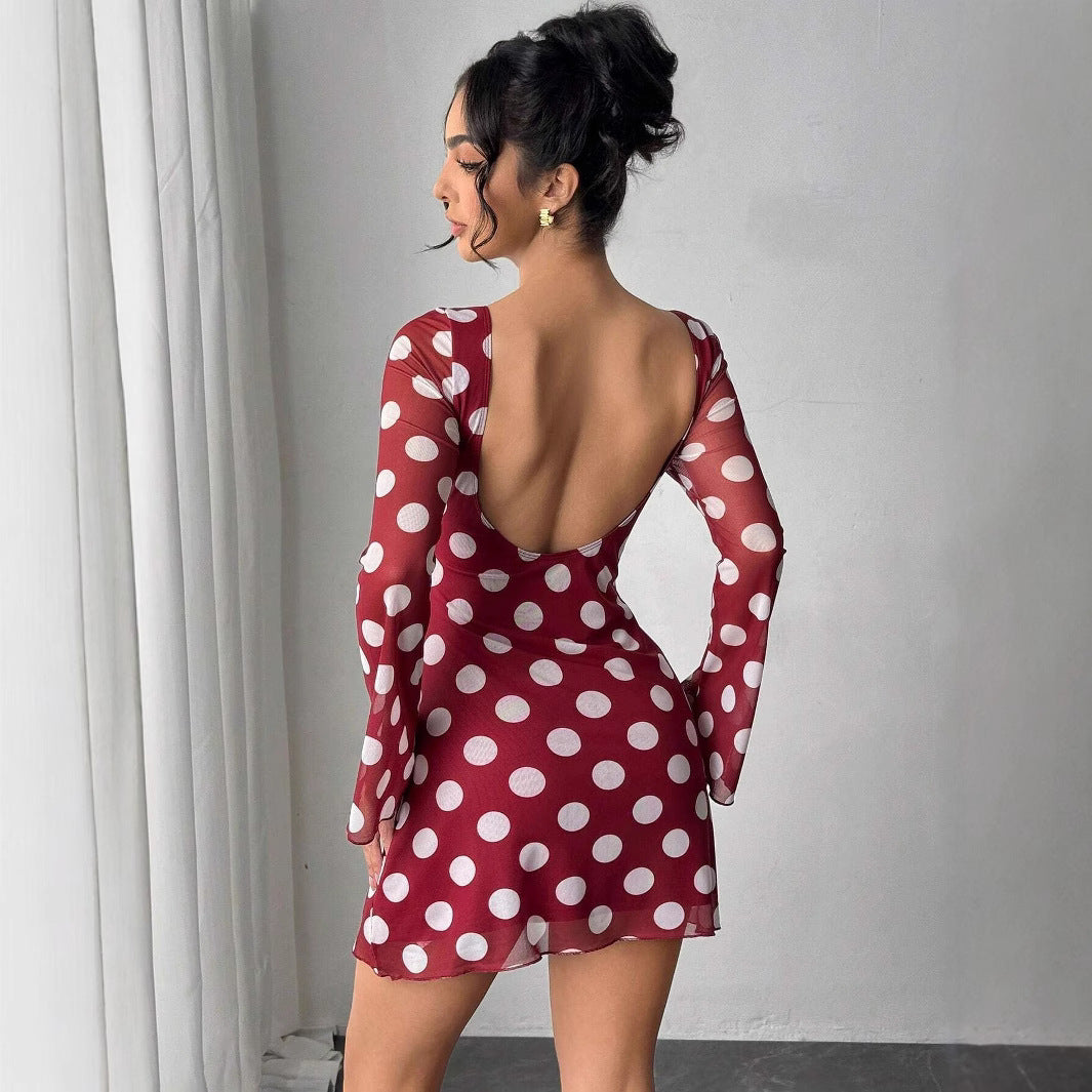 Damen nan figurbetontes transparentes Netz-Minikleid mit tiefem Rückenausschnitt und Punktmuster Drune