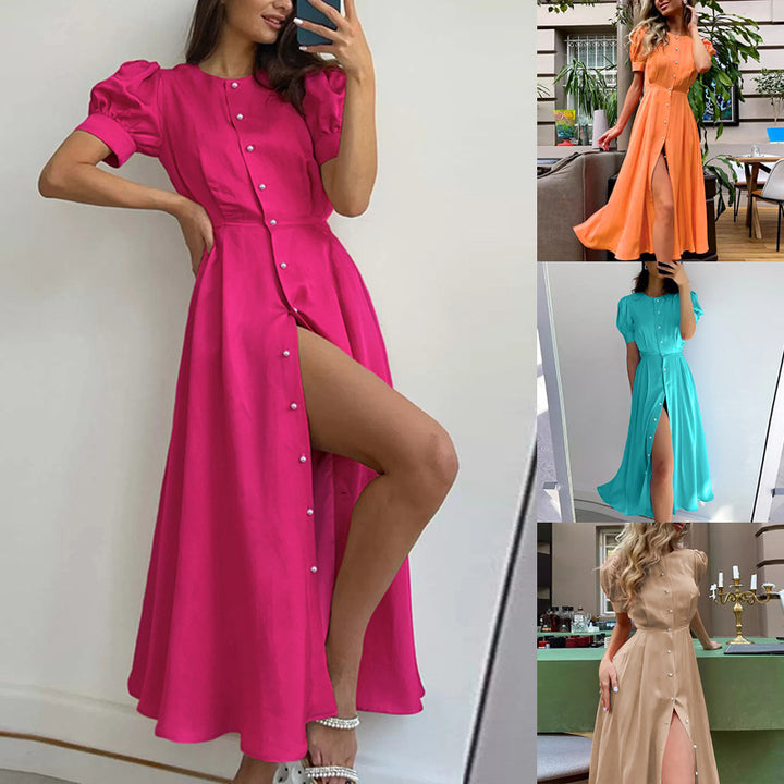 Damen Maxikleid mit knöpfbarem Dekolleté und seitlichem Schlitz Drune