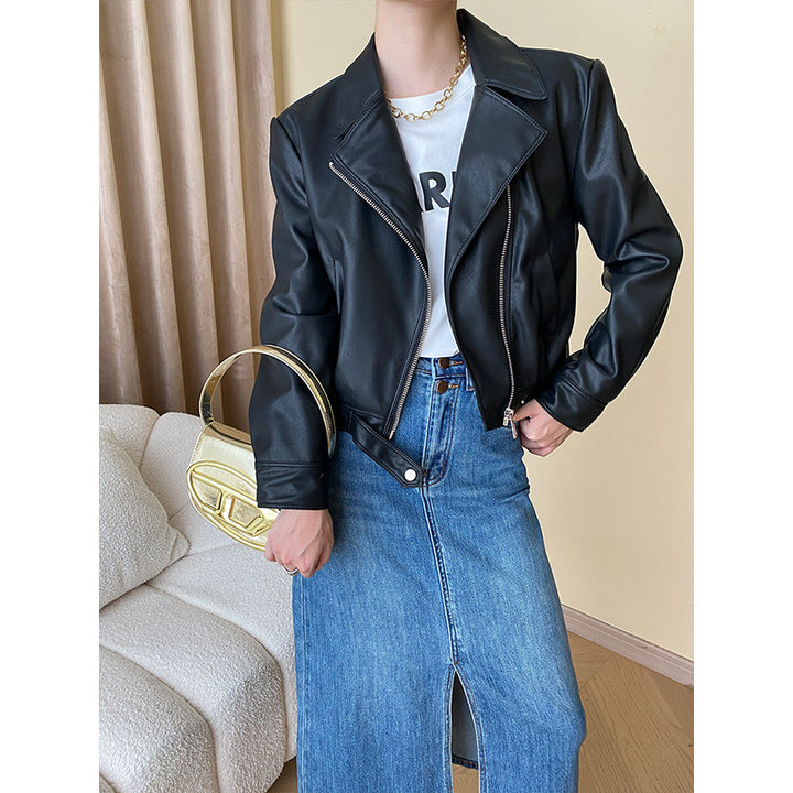Damen modische Kunstlederjacke im Biker-Stil Drune