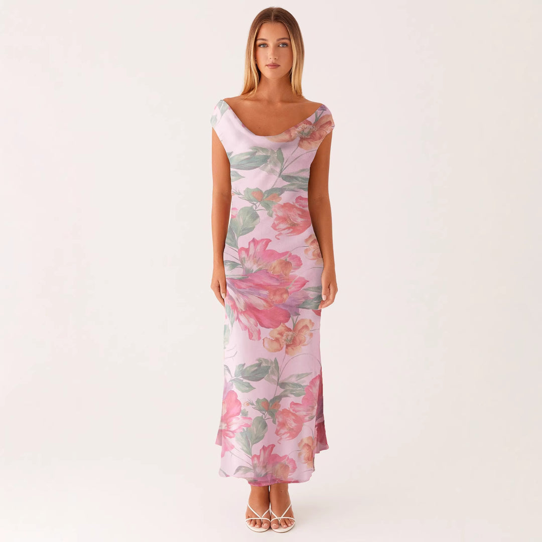 Damen Elegantes Maxikleid mit floralem Wickeldesign und schulterfreiem Schnitt Drune