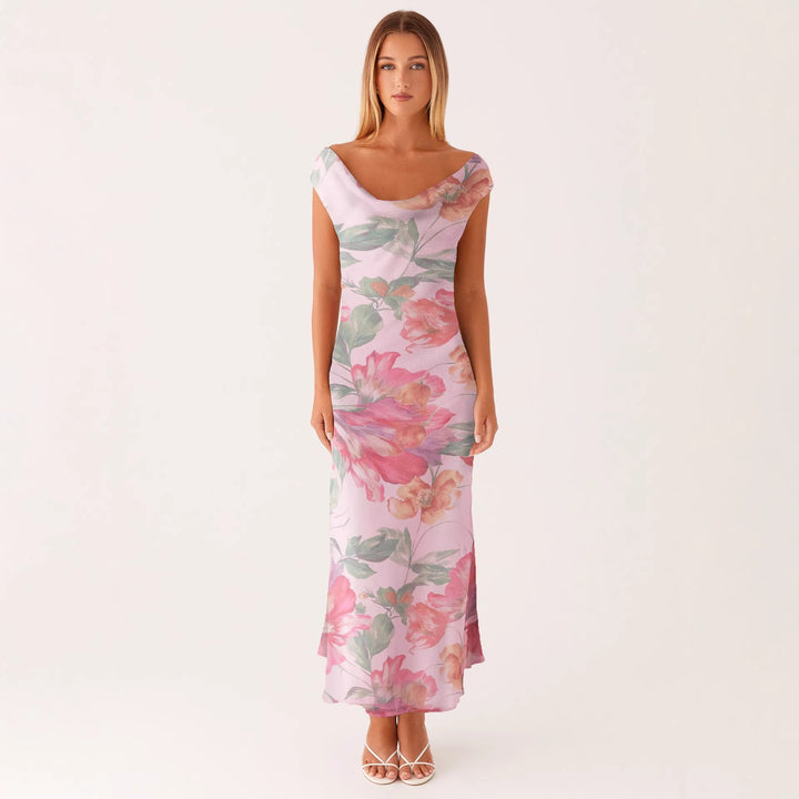 Damen Elegantes Maxikleid mit floralem Wickeldesign und schulterfreiem Schnitt Drune