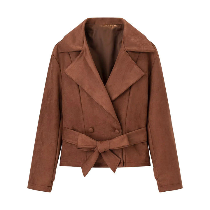 Damen nan taillierte Cropped-Wildlederoptik Jacke mit Schalkragen und Bindegürtel Drune