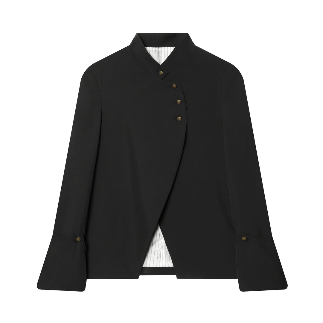 Damen nan asymmetrische Stehkragenjacke mit überlappender Knopfleiste und feinen Zierknöpfen Drune