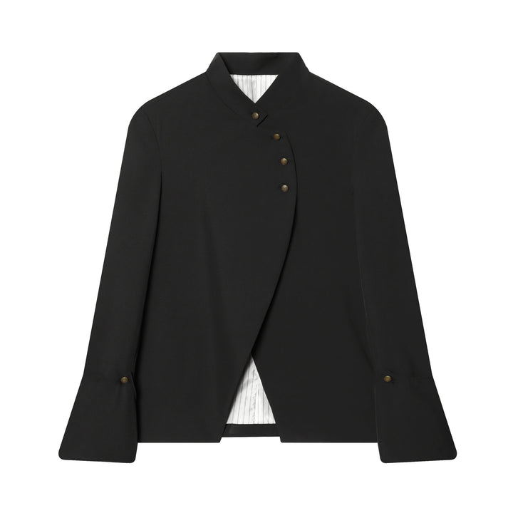 Damen nan asymmetrische Stehkragenjacke mit überlappender Knopfleiste und feinen Zierknöpfen Drune