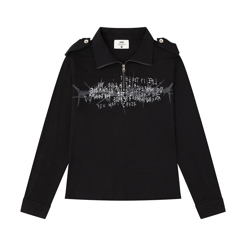Damen Longsleeve-Poloshirt mit Kurzreißverschluss, Schulterpatten und Statement-Print Drune