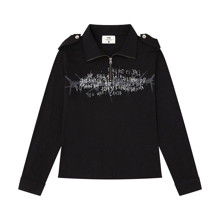 Damen Longsleeve-Poloshirt mit Kurzreißverschluss, Schulterpatten und Statement-Print Drune