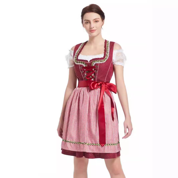 Damen  traditionelles kurz geschnittenes Dirndl mit herzförmigem Ausschnitt, dekorativer Schnürung und Vichy-Karo Schürze Drune