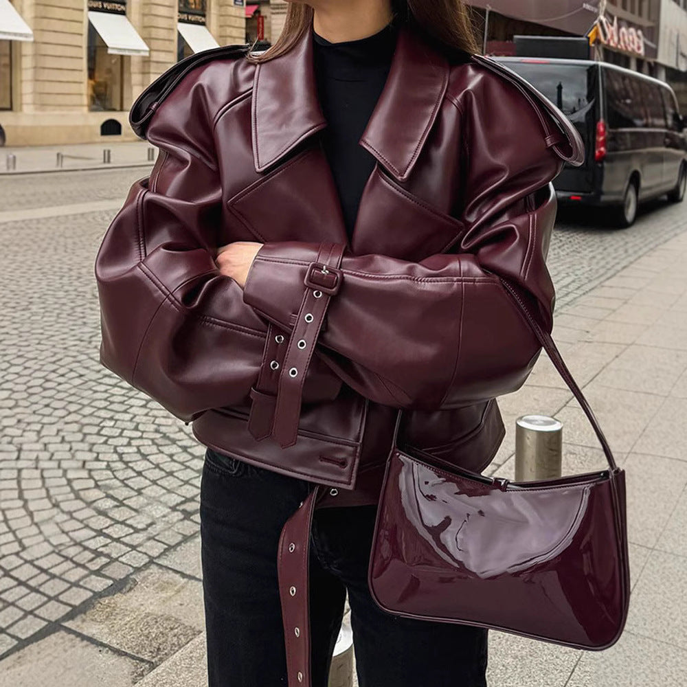 Damen Kunstlederjacke im Oversized-Design mit Riemen und neuen Details Drune