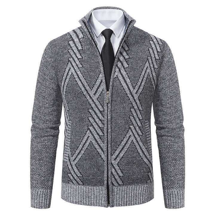 Herren Feiner Jacquard-Cardigan mit durchgehendem Reißverschluss, Stehkragen und Eingrifftaschen Drune
