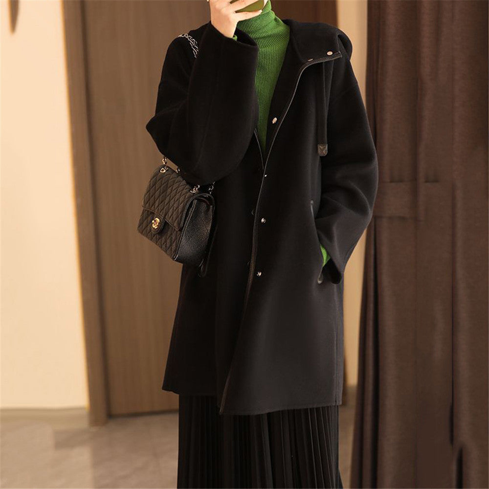 Damen nan midilanger Wollmixmantel mit Kapuze und Druckknopfleiste im Oversize-Schnitt Drune