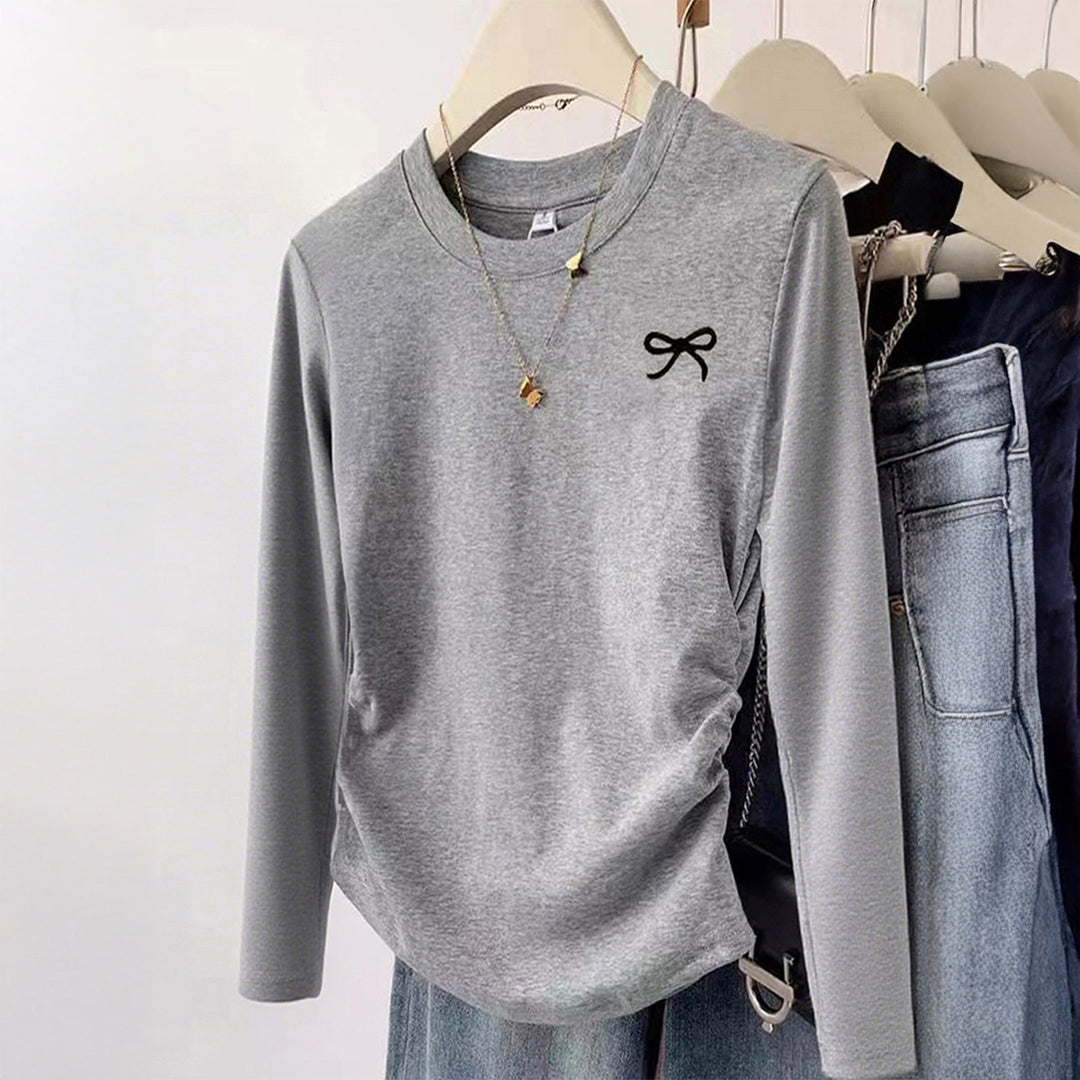 Damen nan gerüschtes Langarmshirt mit dezenter Schleifen-Stickerei und taillierter Drapierung Drune