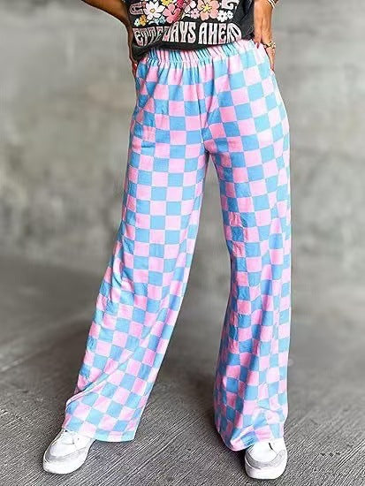 Damen Karierte Palazzo-Hose mit elastischem Bund und praktischen Seitentaschen Drune