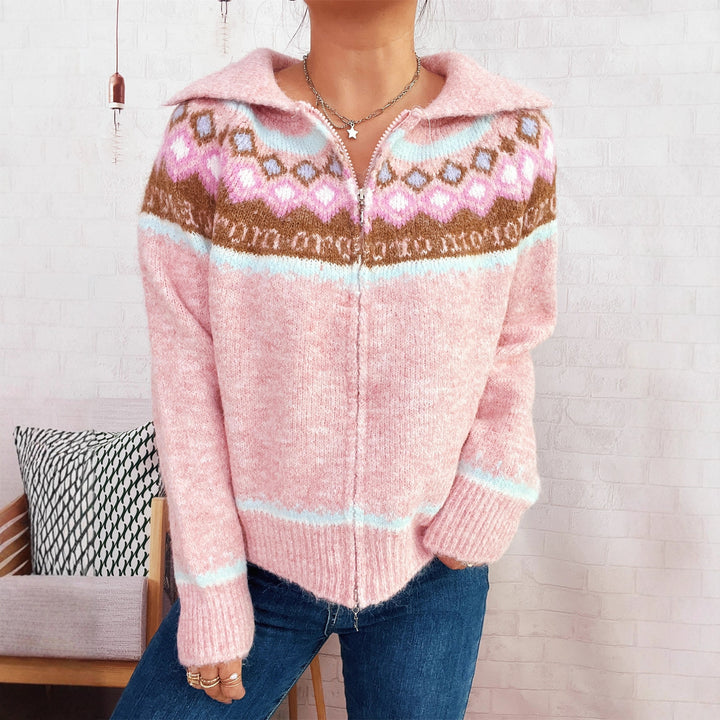 Damen Strickjacke mit floralem Muster und modernem Reißverschluss Drune