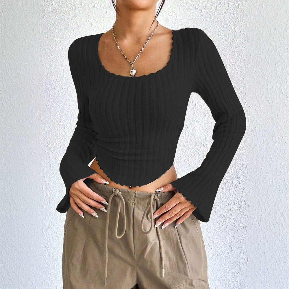 Damen geripptes Crop-Top mit quadratischem Ausschnitt, gewelltem Saum und ausgestellten Ärmeln Drune