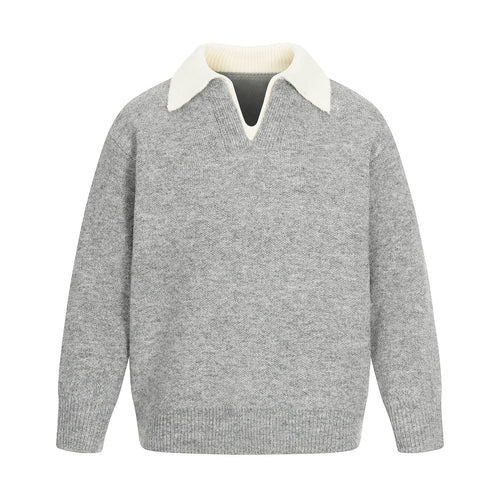 Damen Oversize Wollmix-Pullover mit kontrastpolokragen und V‑Ausschnitt Drune