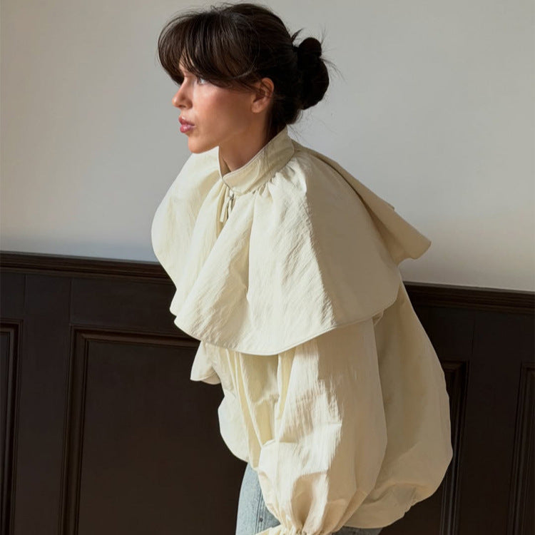 Damen Oversize-Jacke mit Cape-Kragen, Ballonärmeln und Kordelzug Drune