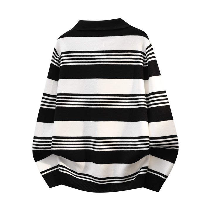 Damen Oversize Langarm-Polo-Strickpullover mit Retro-Streifen und Brustknopfleiste Drune