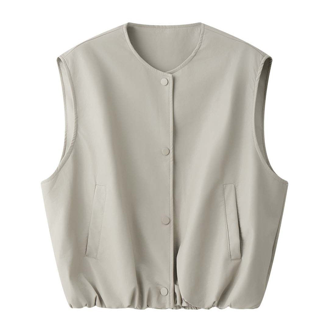 Damen Ärmellose Lederimitat-Weste mit Druckknopfverschluss und lockerer Layering-Silhouette Drune