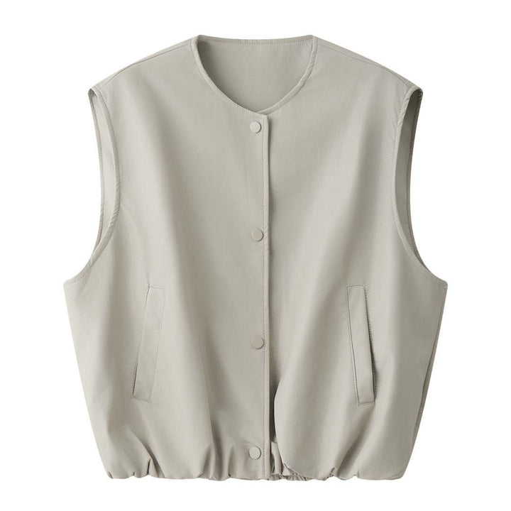 Damen Ärmellose Lederimitat-Weste mit Druckknopfverschluss und lockerer Layering-Silhouette Drune