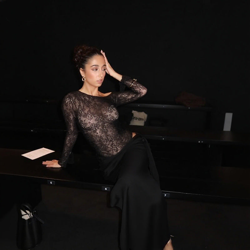 Damen eleganter Spitzen-Bodysuit mit schickem langen Rock Drune