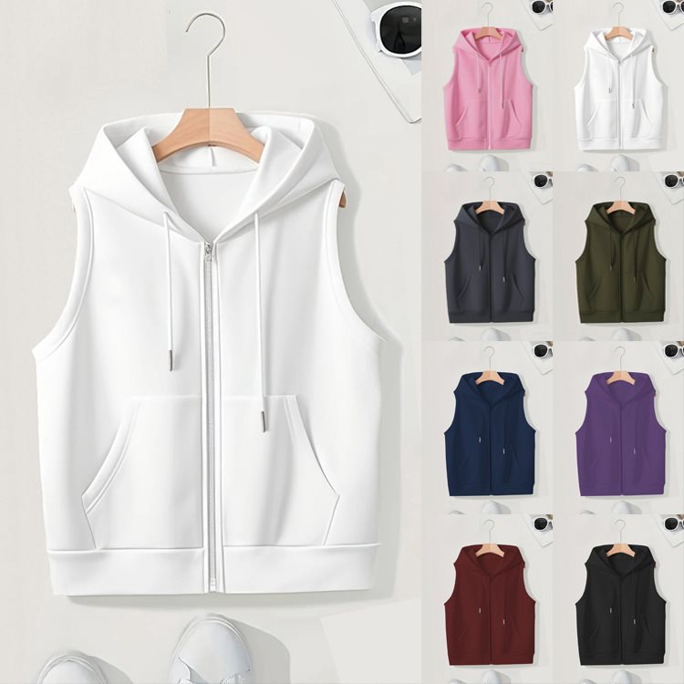 Damen Ärmellose Zip‑Hoodie‑Weste aus weichem Sweat mit Kängurutaschen Drune