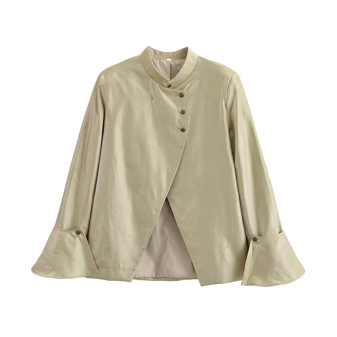 Damen Glänzende A-Linien-Jacke mit asymmetrischer Knopfleiste und Glockenärmeln Drune