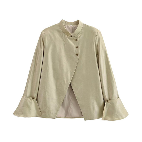 Damen Glänzende A-Linien-Jacke mit asymmetrischer Knopfleiste und Glockenärmeln Drune