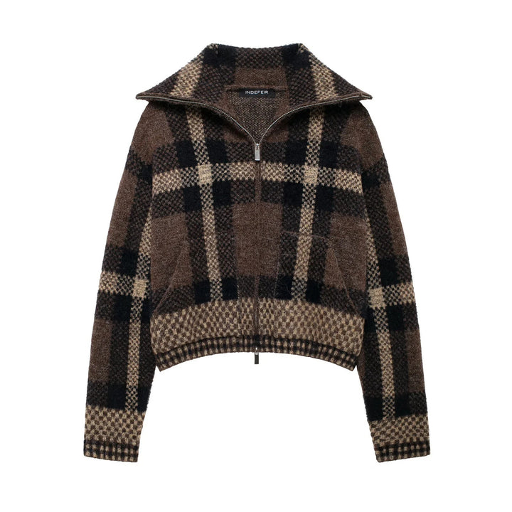 Damen 70+ kurzer kariert melierter Strickpullover mit halbem Reißverschlusskragen Drune
