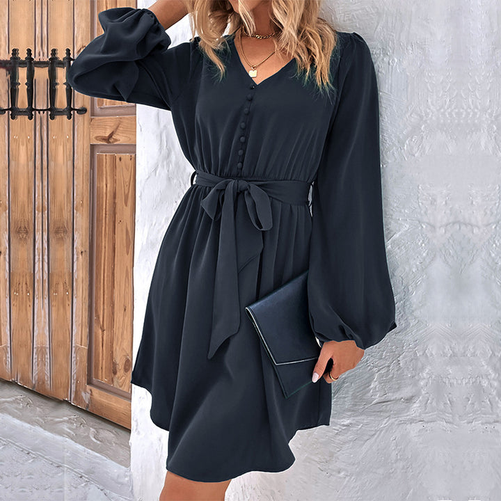 Damen V-Ausschnitt Kleid mit Bindegürtel, Knopfleiste & Ballonärmeln Drune