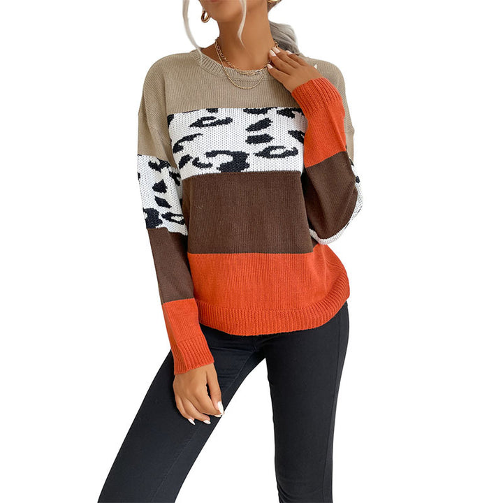 Damen Colorblock Strickpullover mit Leopardenprint-Einsatz und lässiger Oversize-Passform Drune