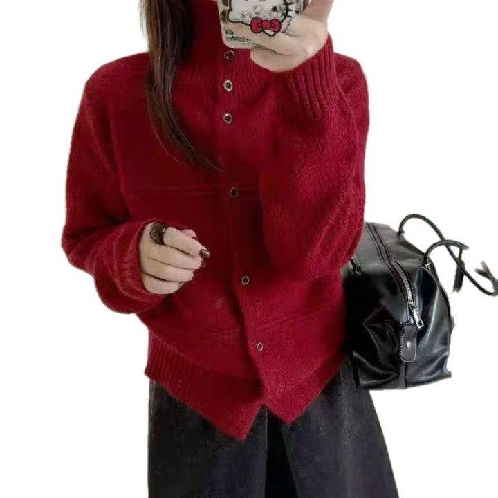 Damen Strickjacke mit hohem Kragen und Knopfdetails Drune