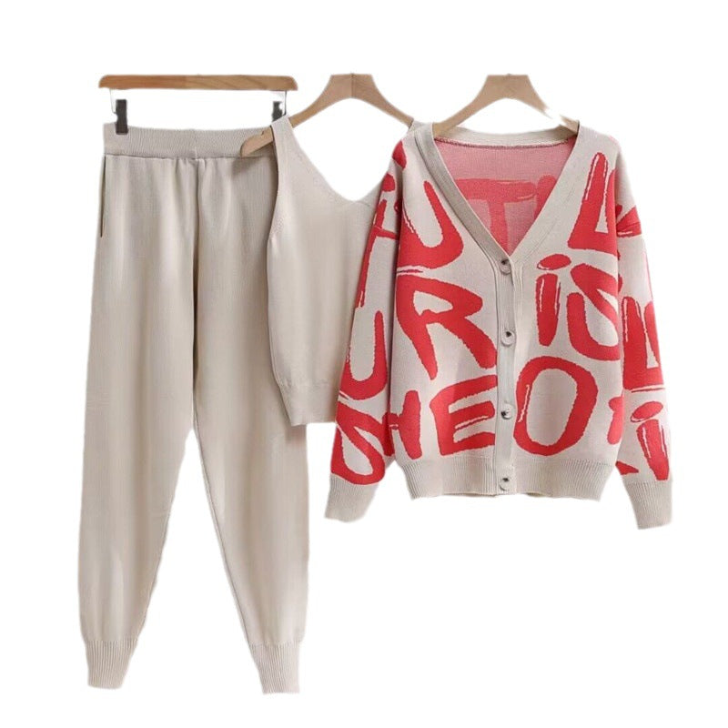 Damen gemütliches Strick-Loungewear-Set mit Dekorativem Schriftzug Drune