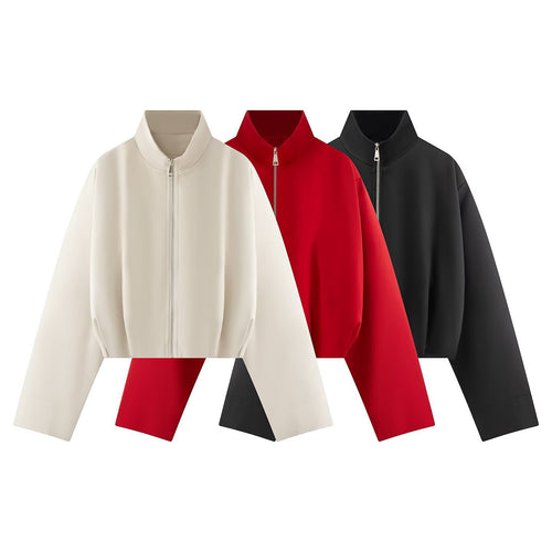Damen Kurze Boxy-Jacke mit hohem Stehkragen, durchgehendem Reißverschluss und Oversize-Ärmeln Drune
