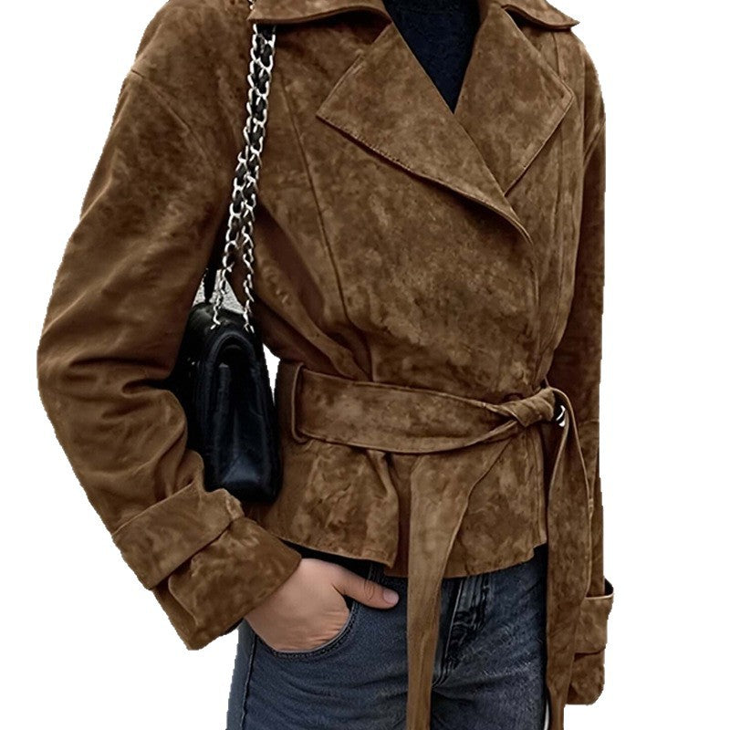 Damen Modische Wildlederjacke mit Gürtel und luxuriösem Komfort Drune