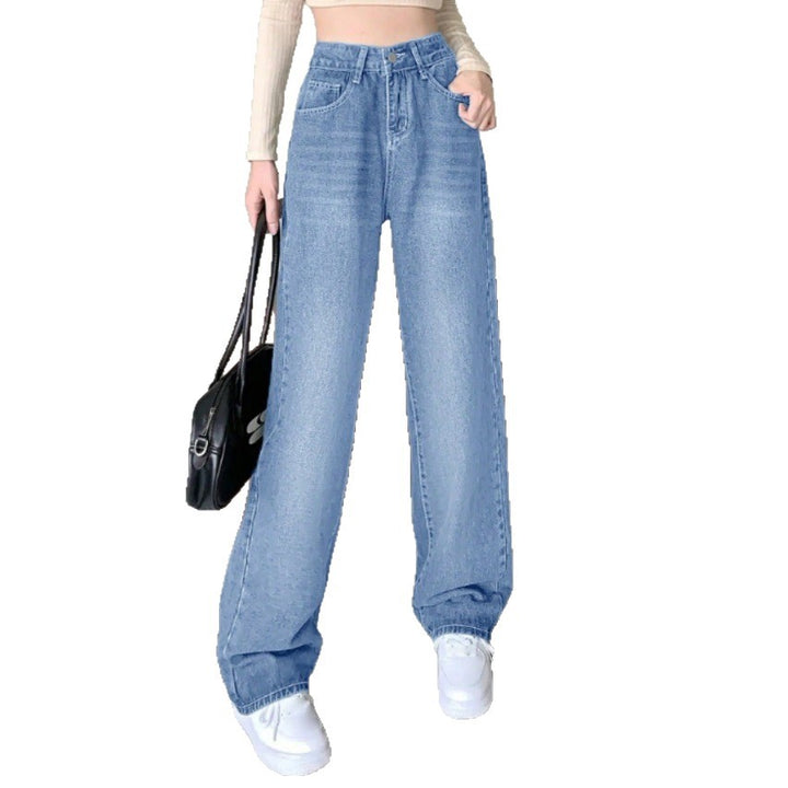 Damen weite High-Waist Baggy-Jeanshose mit geradem Bein Drune