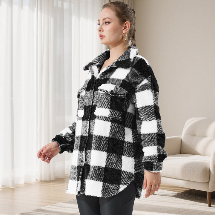 Damen Oversized Teddy-Hemdjacke mit Karomuster Drune