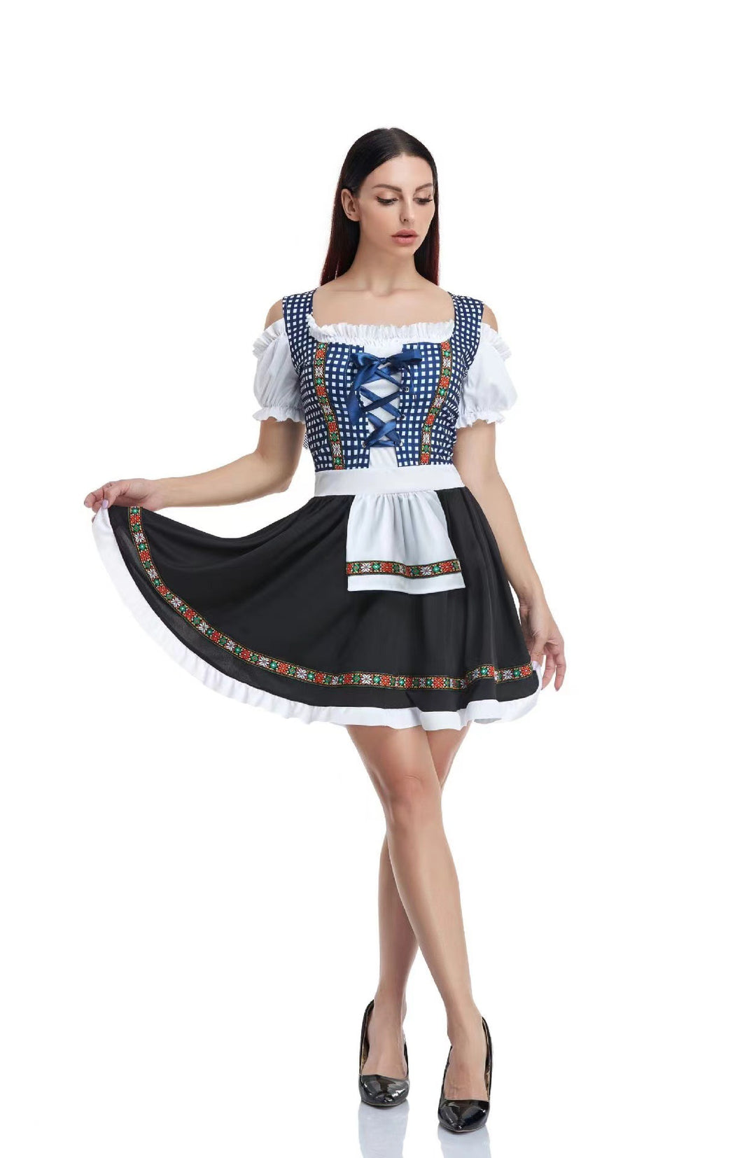 Damen  traditionelles bayerisches Dirndl mit geschnürtem Mieder, kurzer Rocklänge und Schürze Drune