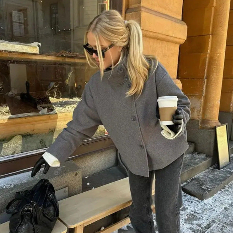 Damen modische Kurzjacke mit hohem Kragen und Knopfverschluss Drune