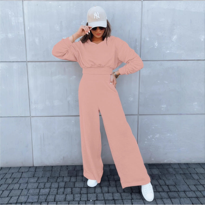 Damen Loungewear-Set mit Cropped V‑Ausschnitt-Pullover und hochtaillierter Palazzohose Drune