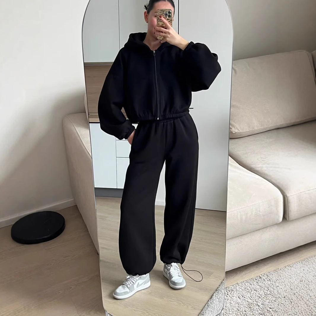 Damen Oversize Sweatset mit Reißverschluss Bomberjacke und Highwaist Jogginghose Drune