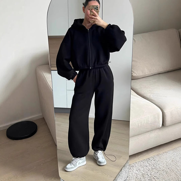 Damen Oversize Sweatset mit Reißverschluss Bomberjacke und Highwaist Jogginghose Drune