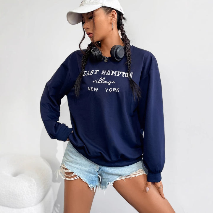 Damen lässiger Sweatshirt mit kreativem Schriftzug und bequemen Schnitt Drune