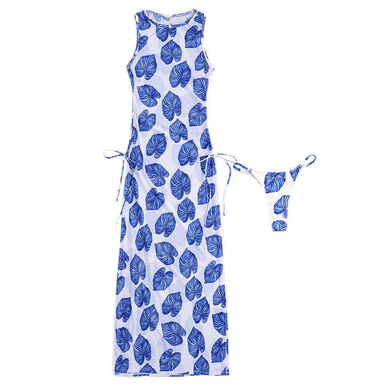 Damen Maxikleid mit modischem Blattmuster und seitlichem Bindegürtel Drune