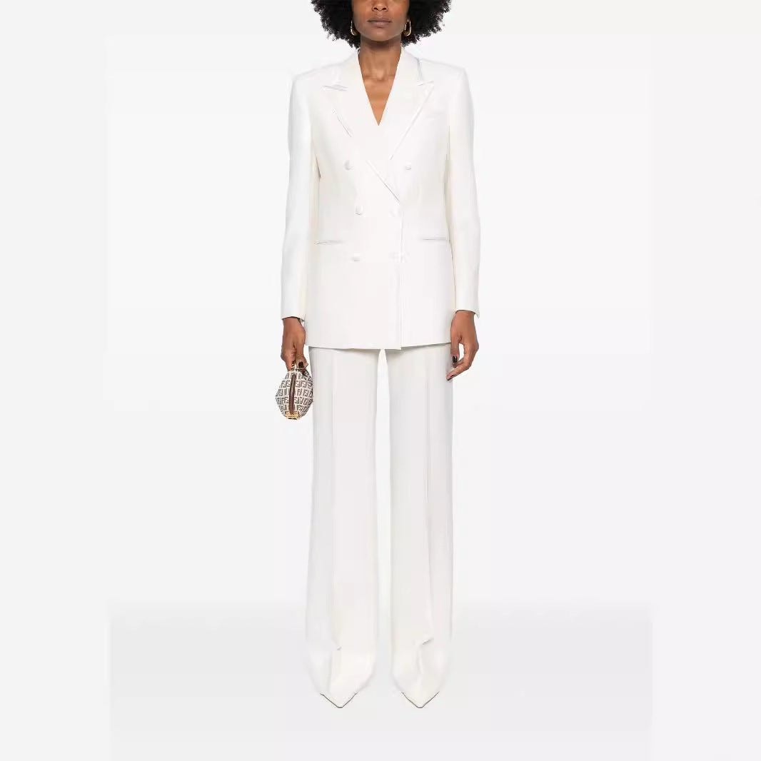 Damen Doppelreihiges Longblazer‑Hosenanzug mit Marlene‑Weitbeinhose und schlanker Silhouette Drune