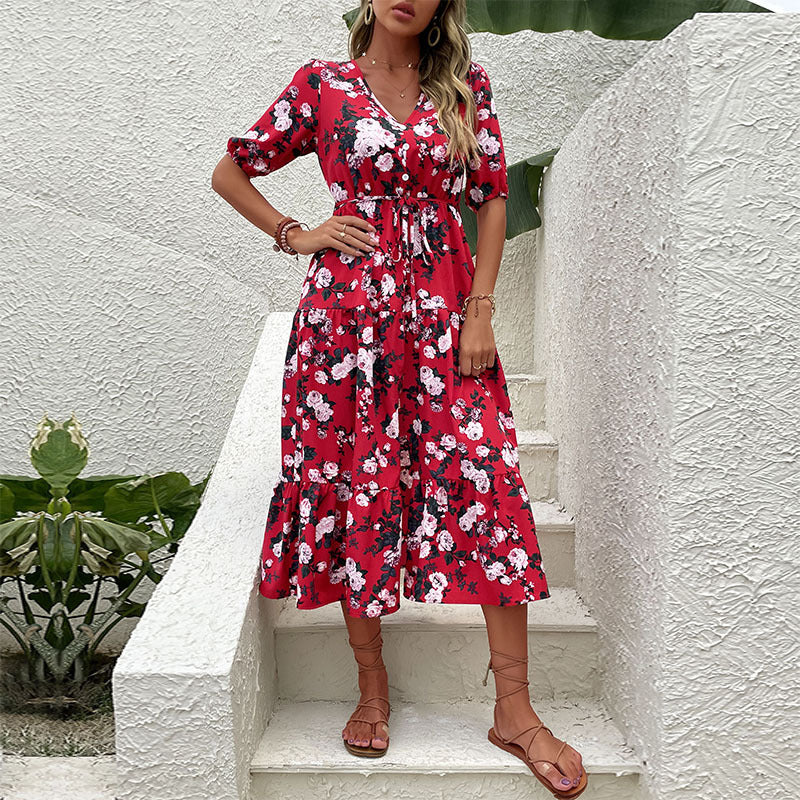 Damen Blumiges Midikleid mit V-Ausschnitt, Bindegürtel, Volantstufen und Beinschlitz Drune