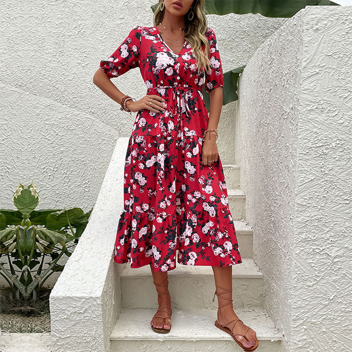 Damen Blumiges Midikleid mit V-Ausschnitt, Bindegürtel, Volantstufen und Beinschlitz Drune
