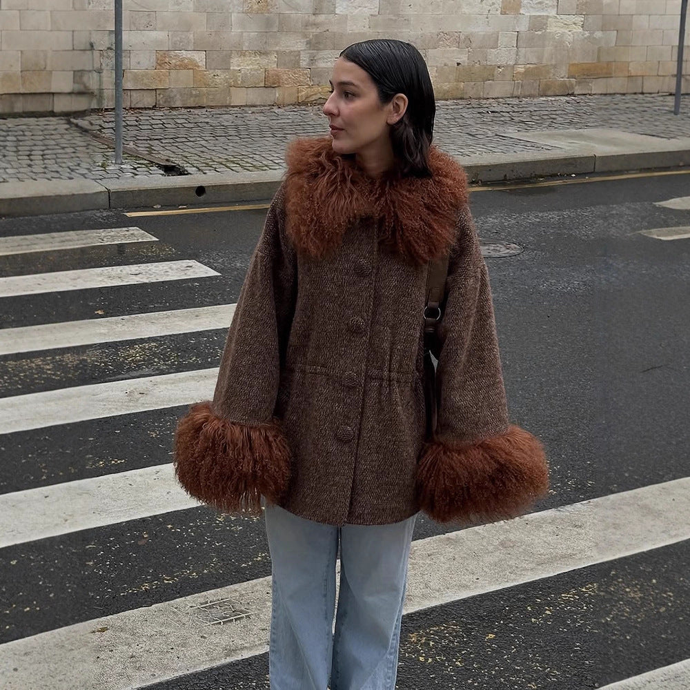 Damen Oversize Wollmix-Marka Mantel mit voluminösem Lammfellimitatkragen und extra weitem Ärmelabschluss Drune