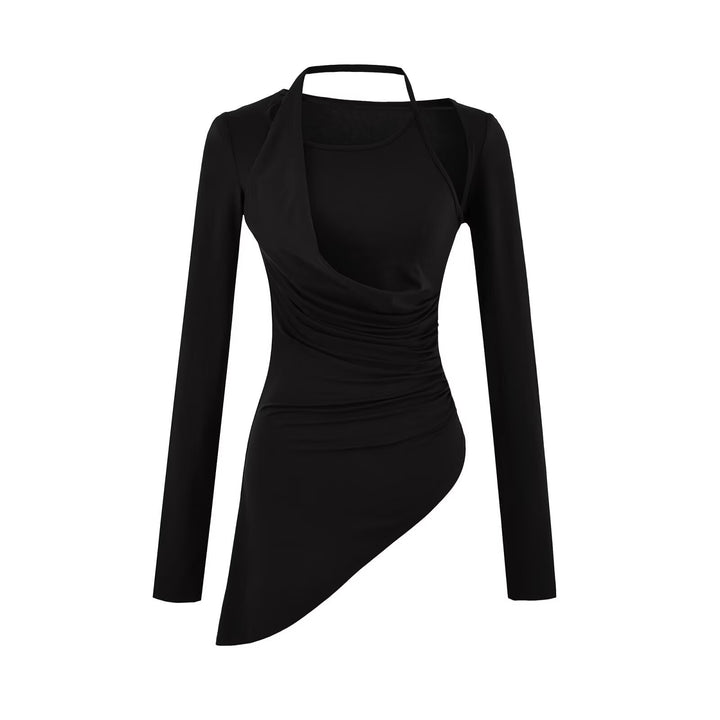 Damen Figurbetontes Langarm-Midikleid mit asymmetrischem Saum, Raffung und Neckholder Drune