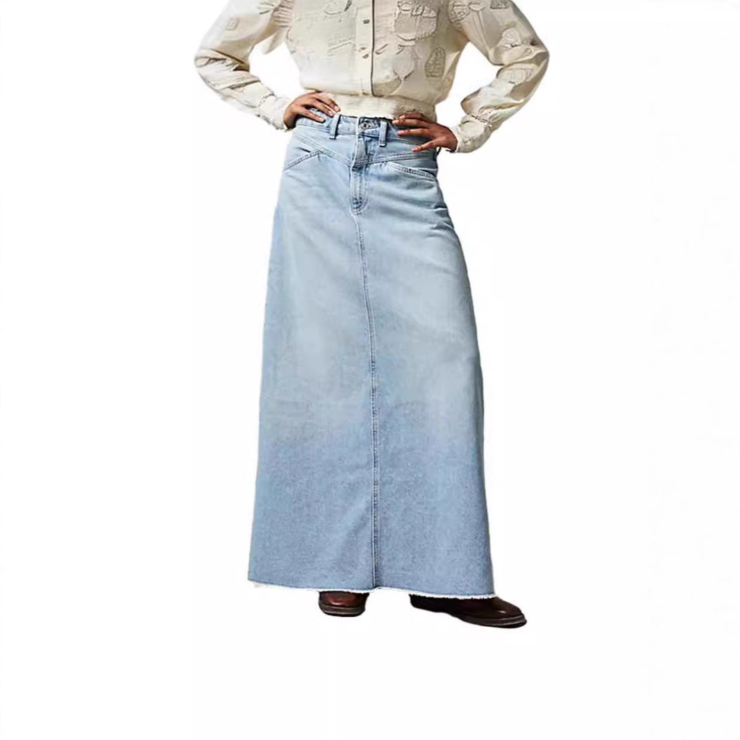 Damen Langer Denim-Rock mit hoher Taille und Taschen