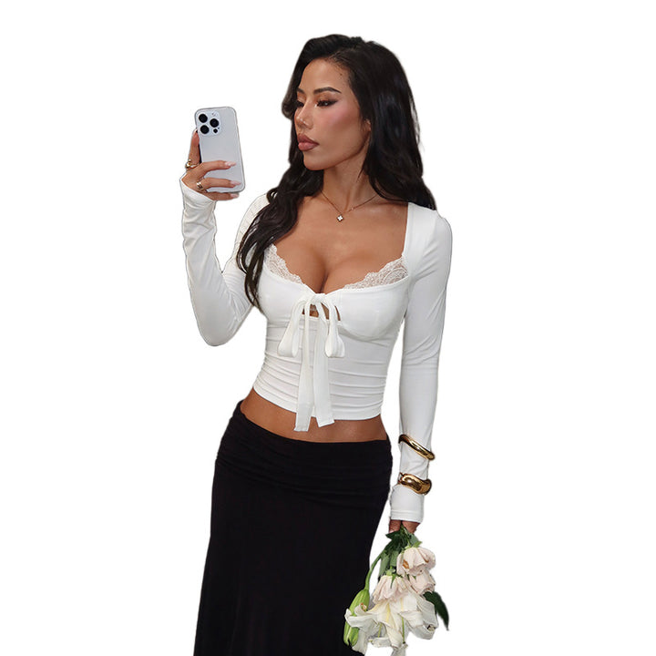 Damen Elegantes Langarm-Top mit femininem Schleifen-Detail und Spitzenbesatz Drune